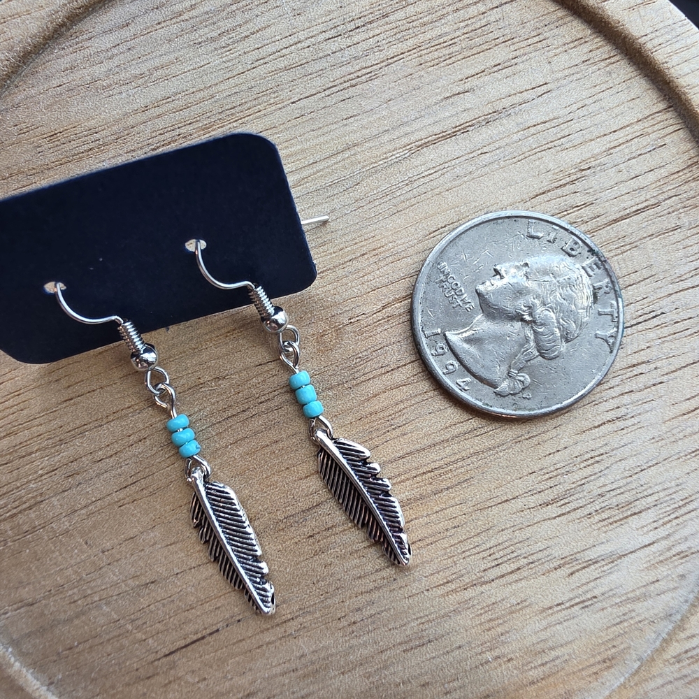 Feather Earrings with Turquoise Color Beads On Silver Color Hooks, Handmade